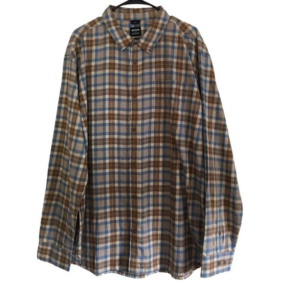 NEW Prana Flannel Button Up Shirt Sandbar Mens XXL Slim Fit 2XL Browns Blue NWT - Picture 1 of 6
